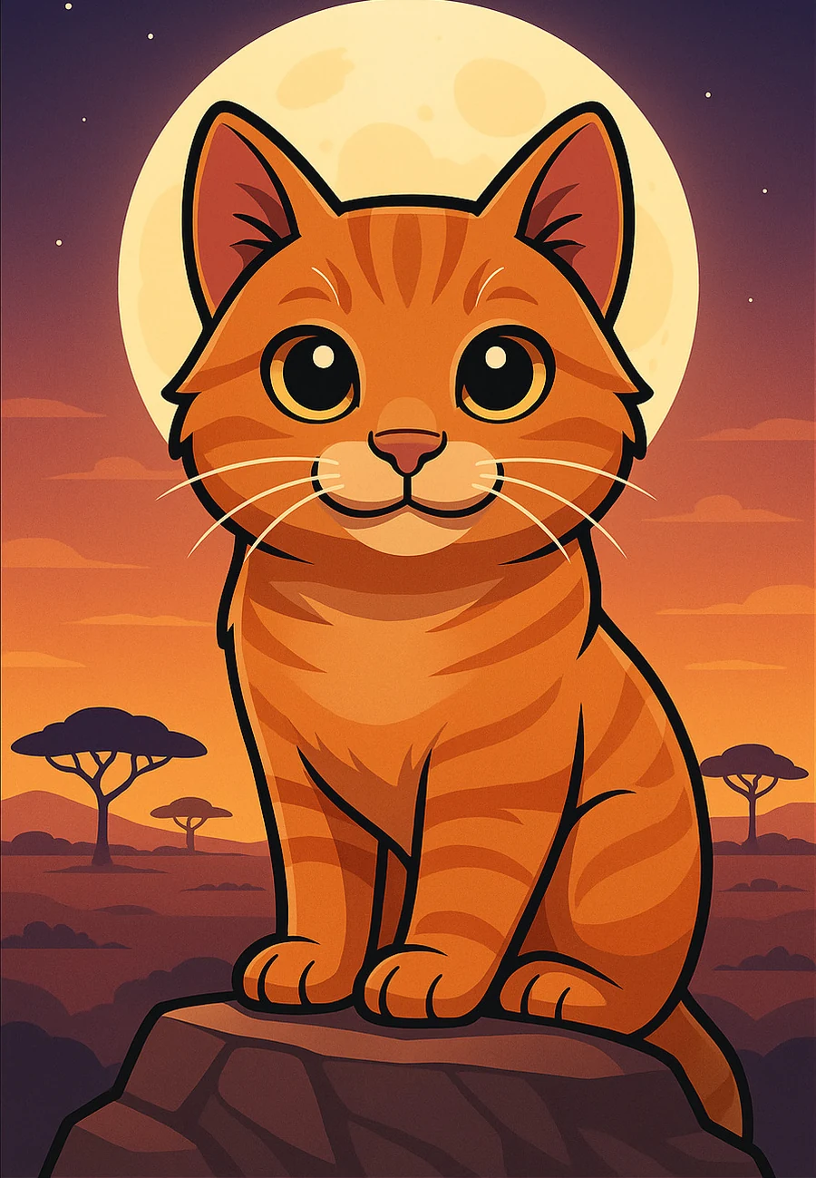King of the Rock — real Safari Paws portrait of a cat on a rock under a full moon