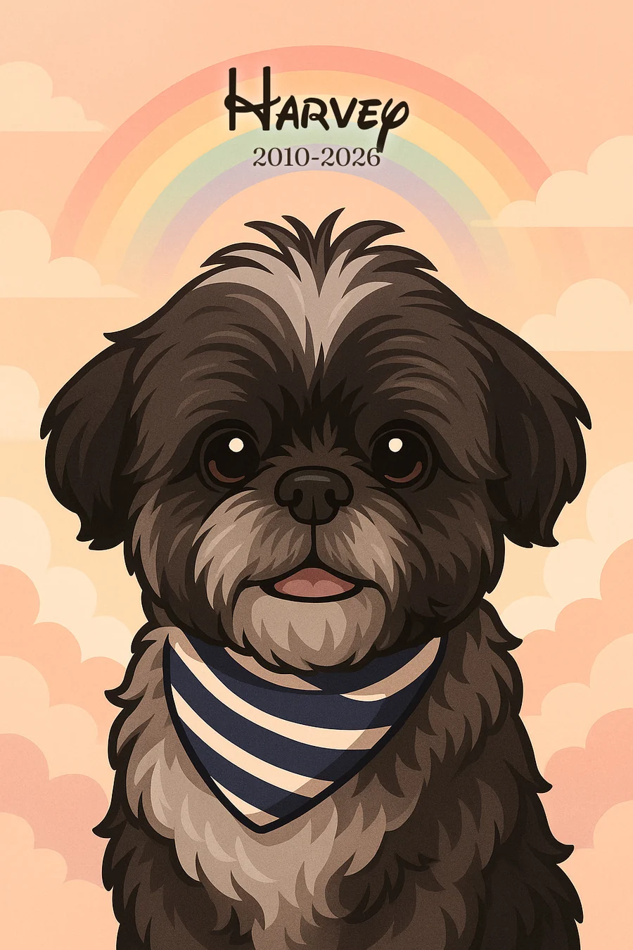 In Loving Memory Classic — a pet beneath a soft rainbow with name and dates