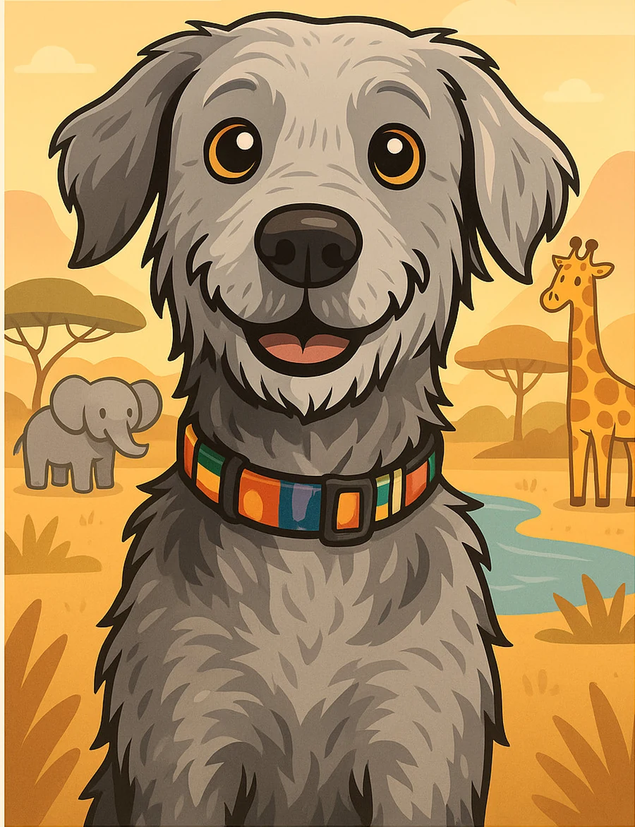 Watering Hole Friends — real Safari Paws portrait of a dog with an elephant and giraffe